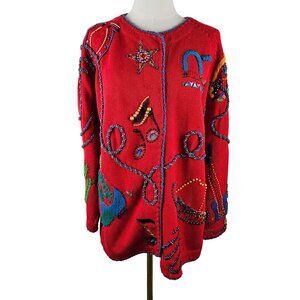 Michael Simon Vintage 90's Cardigan Sweater Size Large Cowgirl Western Red Embro